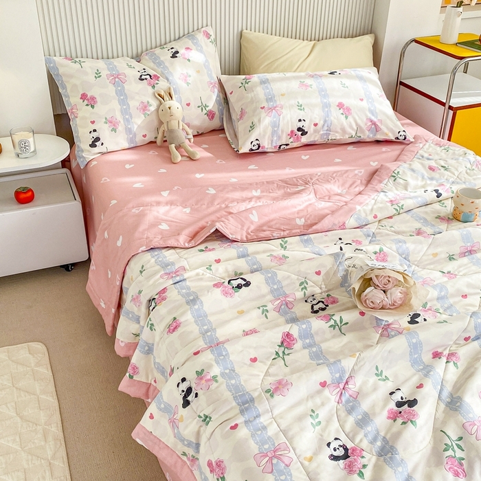 91家纺网 家纺一手货源 找家纺 鸣升家纺 A类印花全棉12868棉花夏凉被四件套夏被 清青熊猫