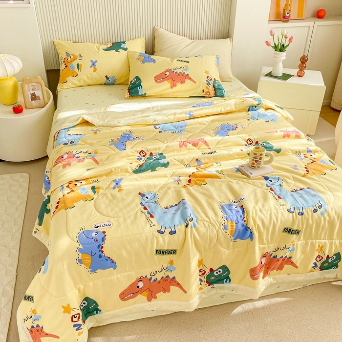 91家纺网 家纺一手货源 找家纺 鸣升家纺 A类印花全棉12868棉花夏凉被四件套夏被 恐龙奇遇（黄）
