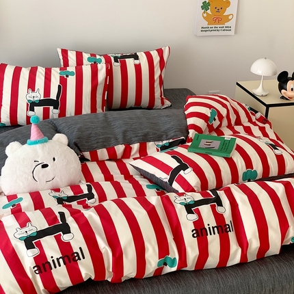 91家纺网 家纺一手货源 找家纺 六巷胡同 2024新款ins童趣风卡通AB版四件套-第三系 红条黑喵喵