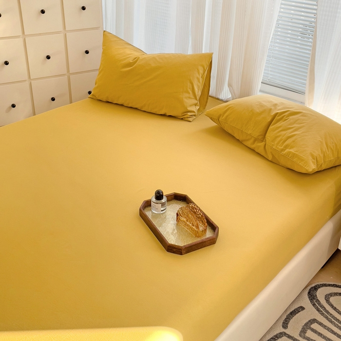 91家纺网 家纺一手货源 找家纺 盼季家纺 2024新款日系奶油风水洗棉床笠单件全包围床罩席梦思床垫保护套 姜黄