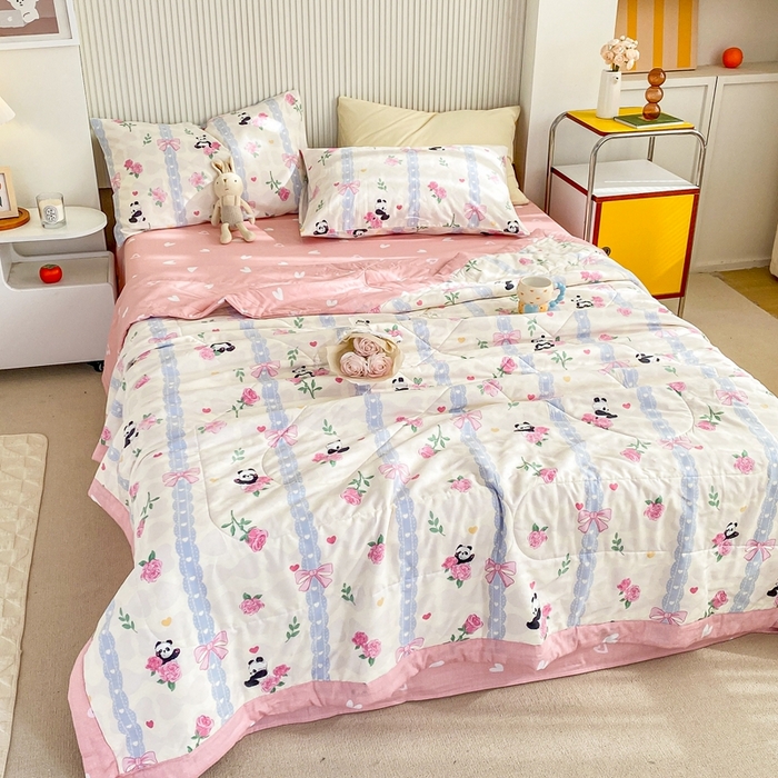 91家纺网 家纺一手货源 找家纺 鸣升家纺 A类印花全棉12868棉花夏凉被四件套夏被 清青熊猫