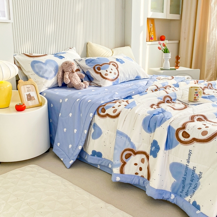 91家纺网 家纺一手货源 找家纺 鸣升家纺 A类印花全棉12868棉花夏凉被四件套夏被 萌小熊