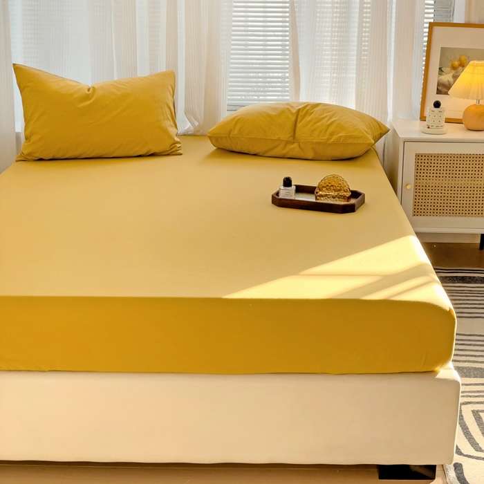 91家纺网 家纺一手货源 找家纺 盼季家纺 2024新款日系奶油风水洗棉床笠单件全包围床罩席梦思床垫保护套 姜黄