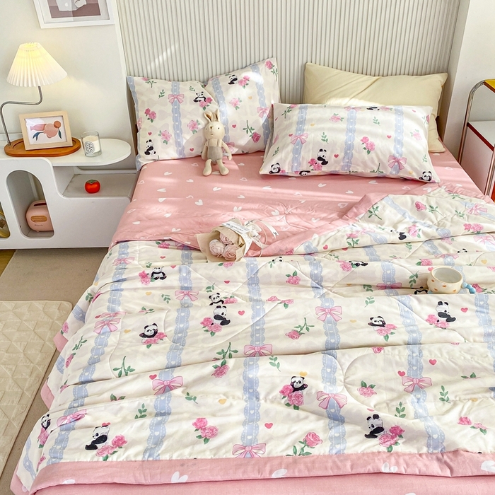 91家纺网 家纺一手货源 找家纺 鸣升家纺 A类印花全棉12868棉花夏凉被四件套夏被 清青熊猫