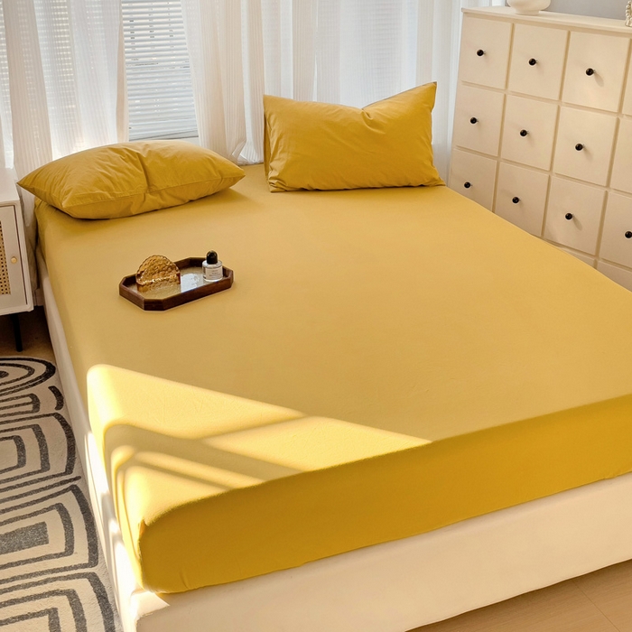 91家纺网 家纺一手货源 找家纺 盼季家纺 2024新款日系奶油风水洗棉床笠单件全包围床罩席梦思床垫保护套 姜黄