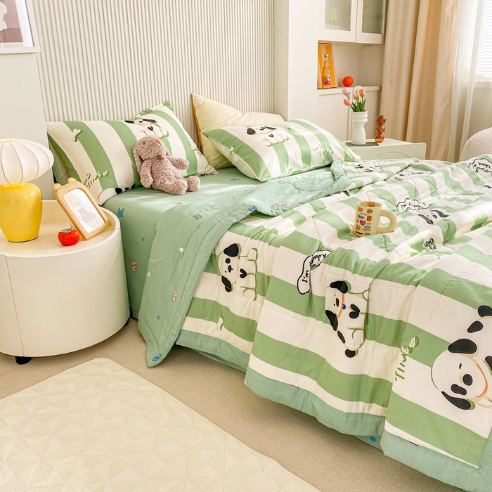 91家纺网 家纺一手货源 找家纺 鸣升家纺 A类印花全棉12868棉花夏凉被四件套夏被 奶油狗（绿）