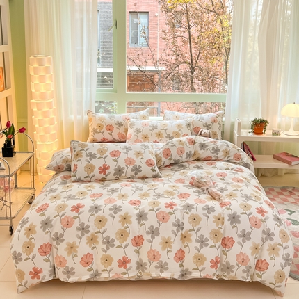 91家纺网 家纺一手货源 找家纺 木子家纺 2024新款全棉双层纱春日印花四件套 七色槿