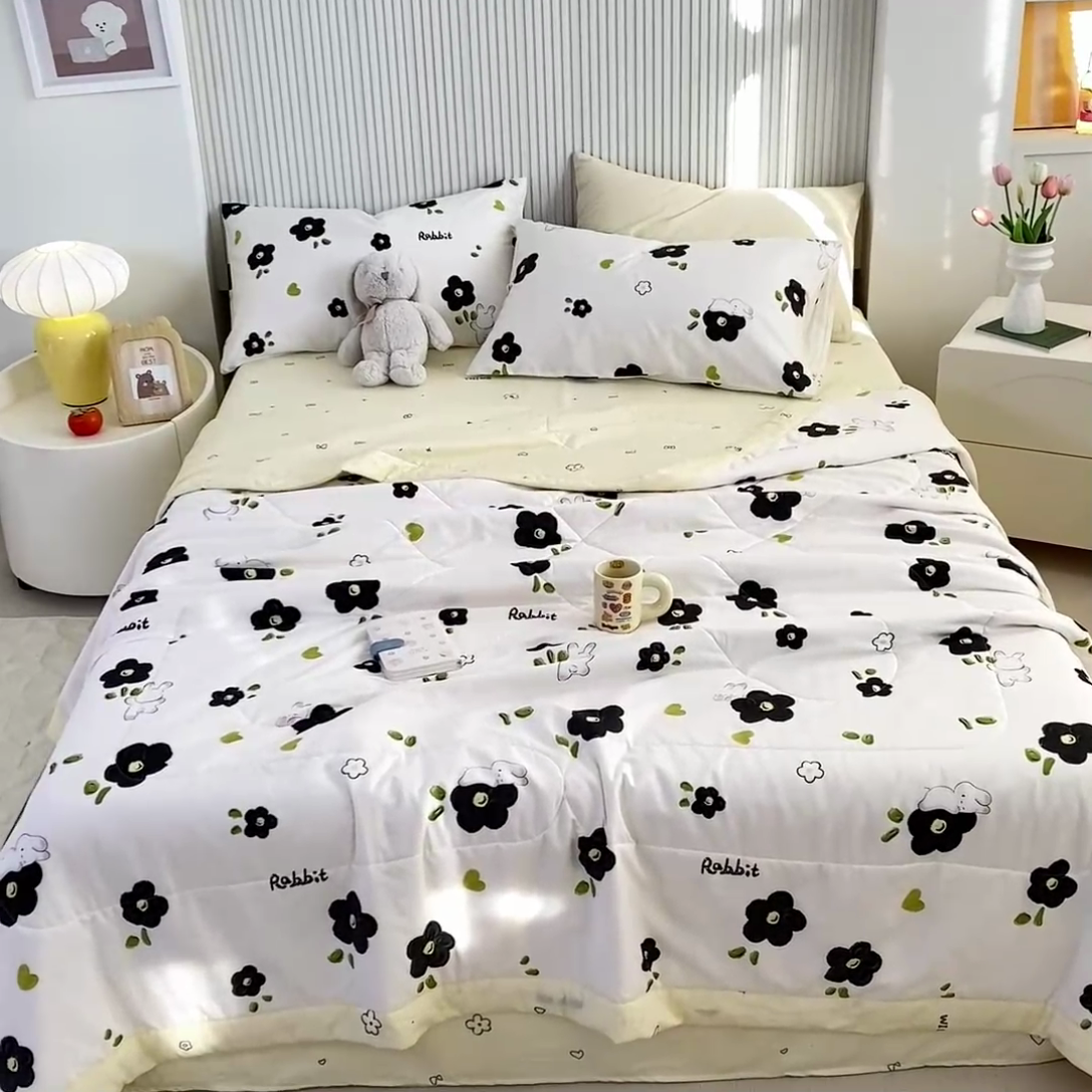 91家纺网 家纺一手货源 找家纺 鸣升家纺 A类印花全棉12868棉花夏凉被四件套夏被 美禾兔（黑）