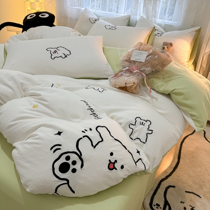 91家纺网 家纺一手货源 找家纺 2024新款A类超柔加厚有氧提花小竺棉绣花四件套-风格二 小白-白绿