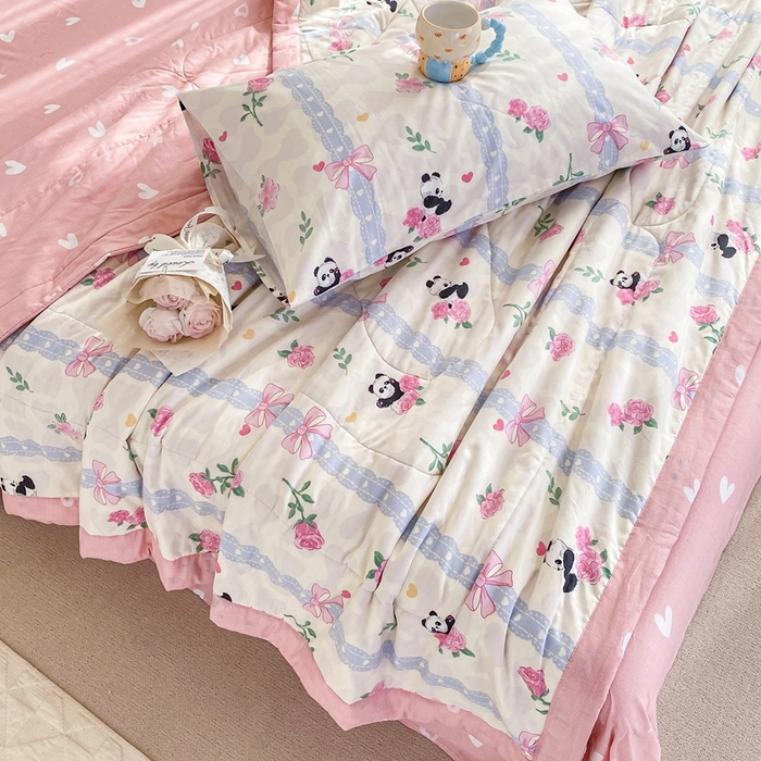 91家纺网 家纺一手货源 找家纺 鸣升家纺 A类印花全棉12868棉花夏凉被四件套夏被 清青熊猫