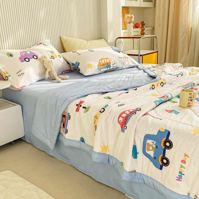 91家纺网 家纺一手货源 找家纺 鸣升家纺 A类印花全棉12868棉花夏凉被四件套夏被 宝宝巴士（米）