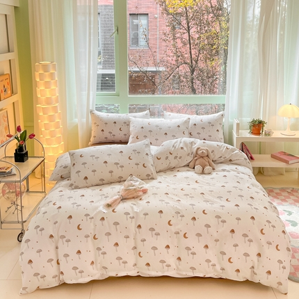 91家纺网 家纺一手货源 找家纺 木子家纺 2024新款全棉双层纱春日印花四件套 朱古力