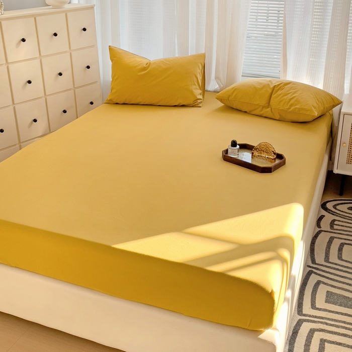 91家纺网 家纺一手货源 找家纺 盼季家纺 2024新款日系奶油风水洗棉床笠单件全包围床罩席梦思床垫保护套 姜黄