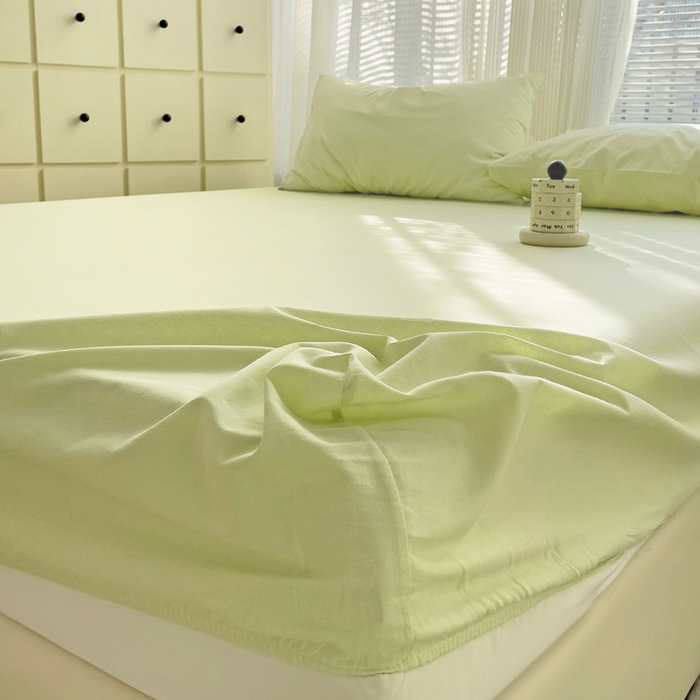 91家纺网 家纺一手货源 找家纺 盼季家纺 2024新款日系奶油风水洗棉床笠单件全包围床罩席梦思床垫保护套 奶绿