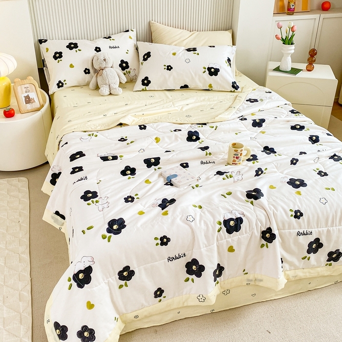 91家纺网 家纺一手货源 找家纺 鸣升家纺 A类印花全棉12868棉花夏凉被四件套夏被 美禾兔（黑）