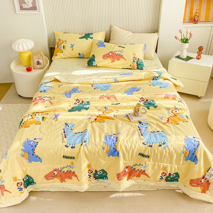 91家纺网 家纺一手货源 找家纺 鸣升家纺 A类印花全棉12868棉花夏凉被四件套夏被 恐龙奇遇（黄）