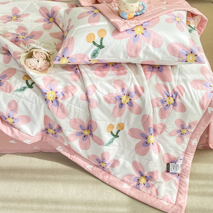 91家纺网 家纺一手货源 找家纺 鸣升家纺 A类印花全棉12868棉花夏凉被四件套夏被 卉雅 (粉)