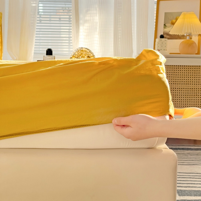 91家纺网 家纺一手货源 找家纺 盼季家纺 2024新款日系奶油风水洗棉床笠单件全包围床罩席梦思床垫保护套 姜黄