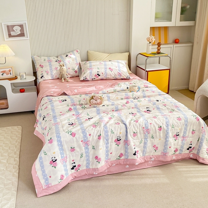 91家纺网 家纺一手货源 找家纺 鸣升家纺 A类印花全棉12868棉花夏凉被四件套夏被 清青熊猫