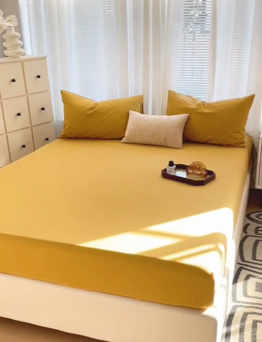 91家纺网 家纺一手货源 找家纺 盼季家纺 2024新款日系奶油风水洗棉床笠单件全包围床罩席梦思床垫保护套 姜黄