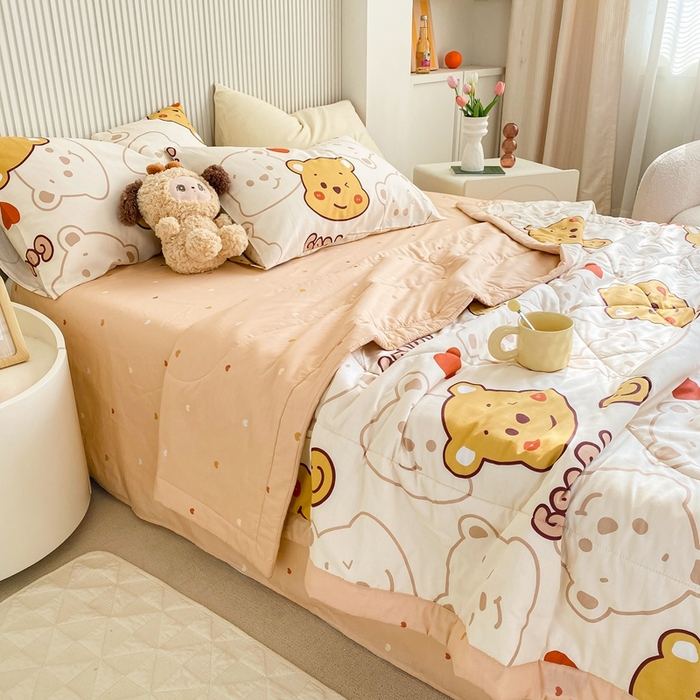 91家纺网 家纺一手货源 找家纺 鸣升家纺 A类印花全棉12868棉花夏凉被四件套夏被 欢乐萌熊