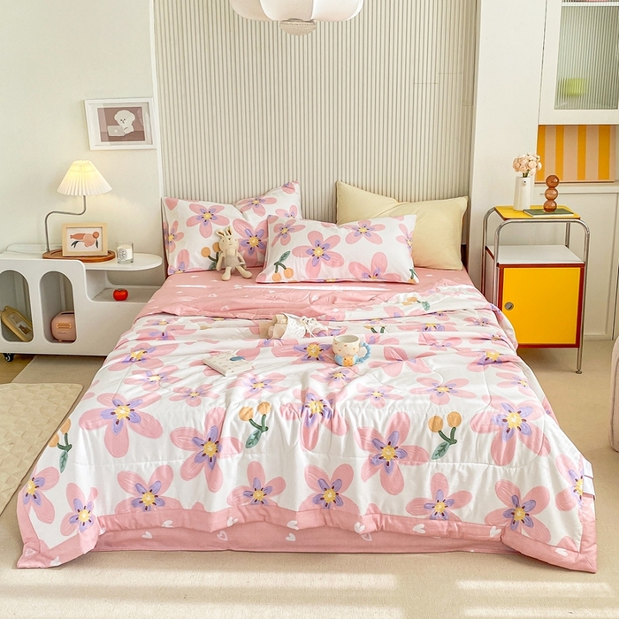 91家纺网 家纺一手货源 找家纺 鸣升家纺 A类印花全棉12868棉花夏凉被四件套夏被 卉雅 (粉)