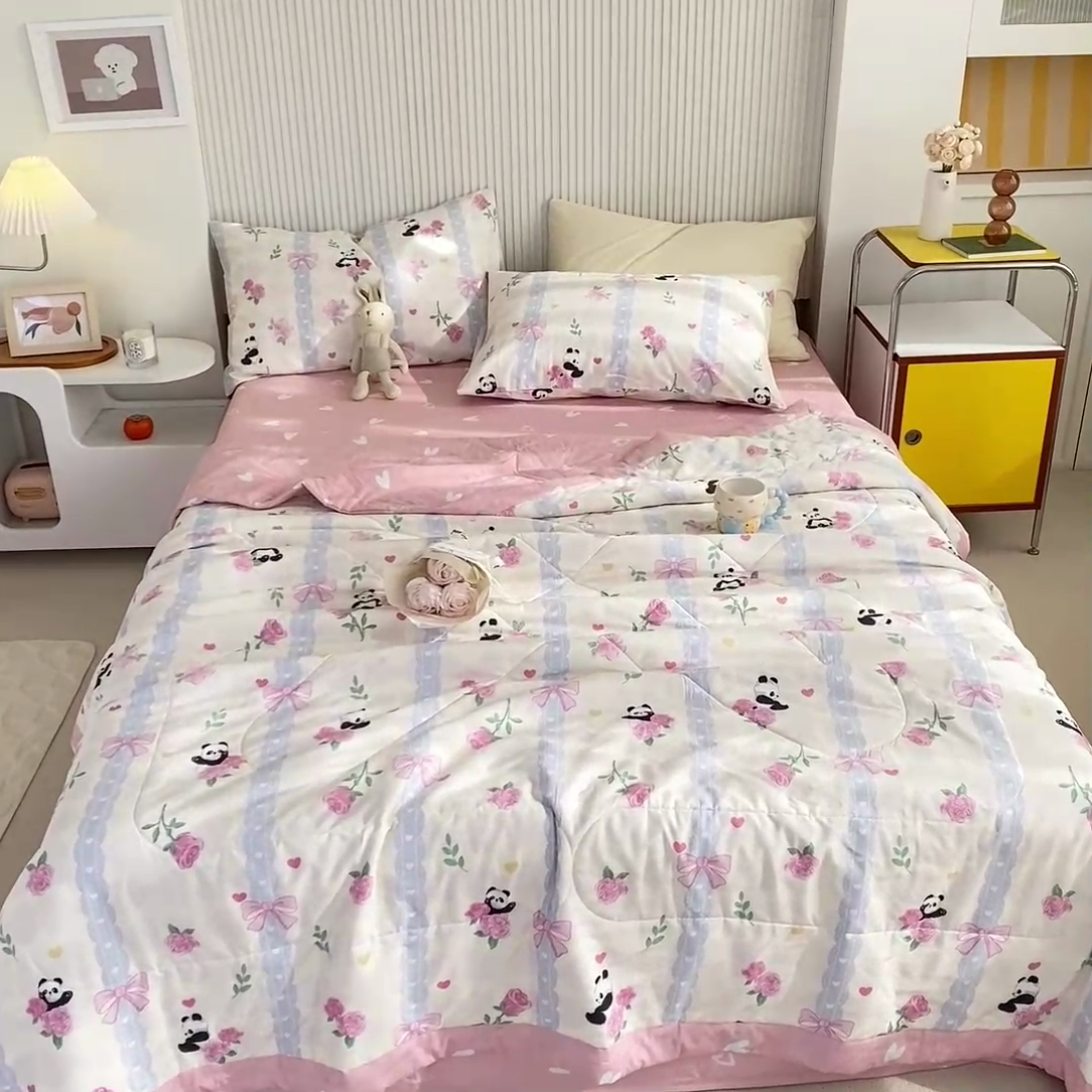 91家纺网 家纺一手货源 找家纺 鸣升家纺 A类印花全棉12868棉花夏凉被四件套夏被 清青熊猫