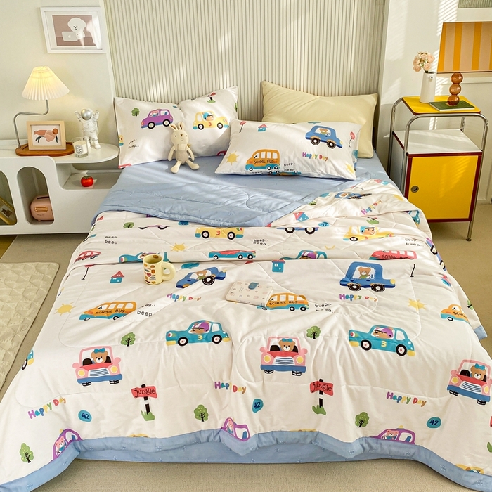 91家纺网 家纺一手货源 找家纺 鸣升家纺 A类印花全棉12868棉花夏凉被四件套夏被 宝宝巴士（米）