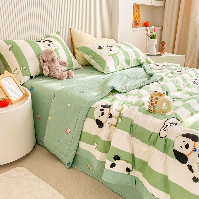 91家纺网 家纺一手货源 找家纺 鸣升家纺 A类印花全棉12868棉花夏凉被四件套夏被 奶油狗（绿）