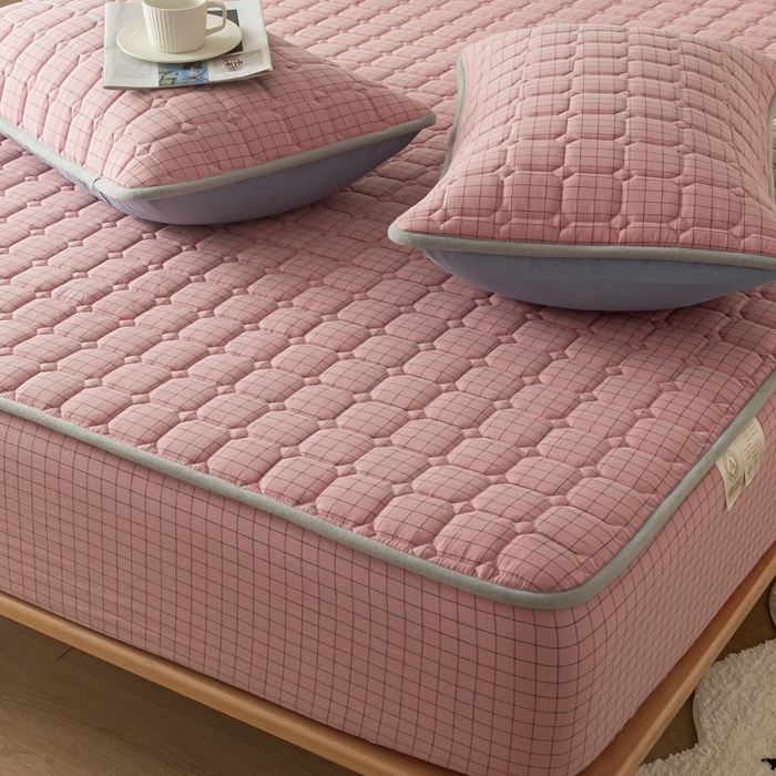 91家纺网 家纺一手货源 找家纺 鑫钰 2024新款无印风水洗棉水洗亲肤大豆夹棉床笠-简格 简格-豆沙格