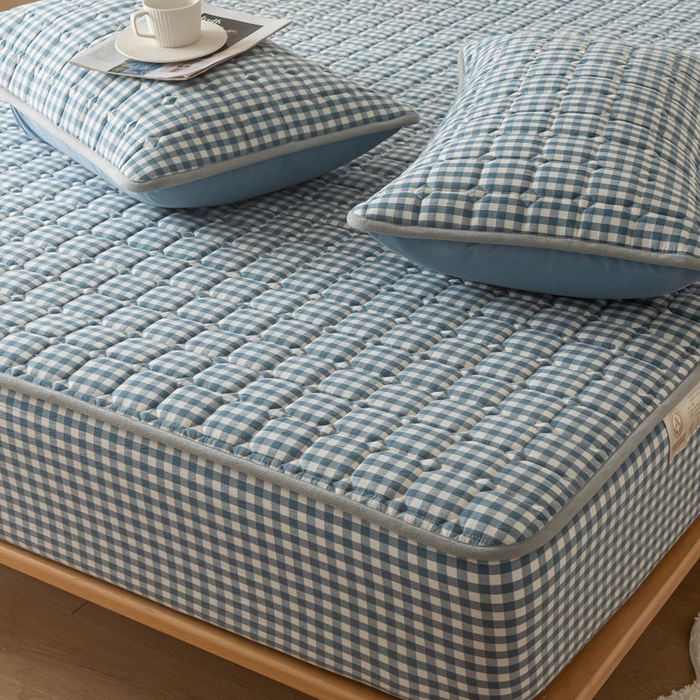 91家纺网 家纺一手货源 找家纺 鑫钰 2024新款无印风水洗棉水洗亲肤大豆夹棉床笠-简格 简格-蓝小格