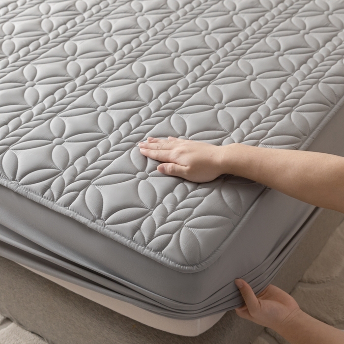 91家纺网 家纺一手货源 找家纺 鑫钰 2024新款A类防水大豆夹棉床笠-麦穗 花穗-低调灰