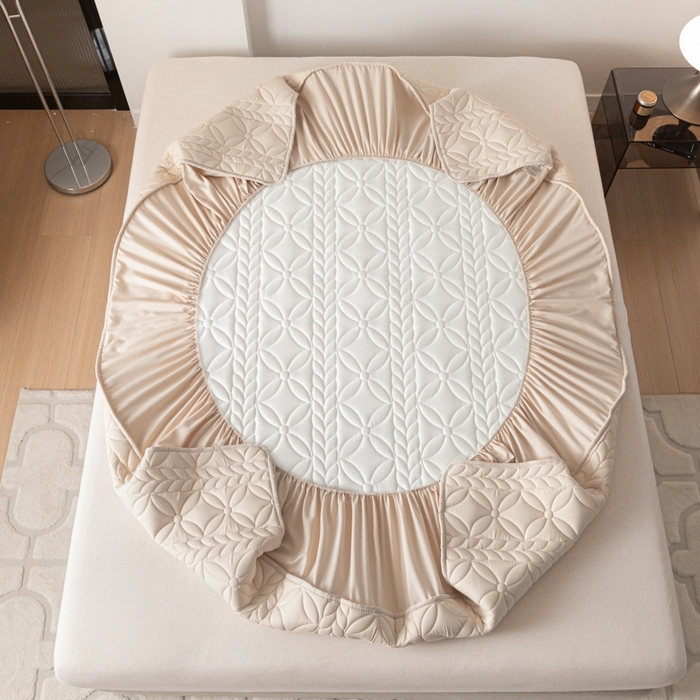 91家纺网 家纺一手货源 找家纺 鑫钰 2024新款A类防水大豆夹棉床笠-麦穗 花穗-香槟驼