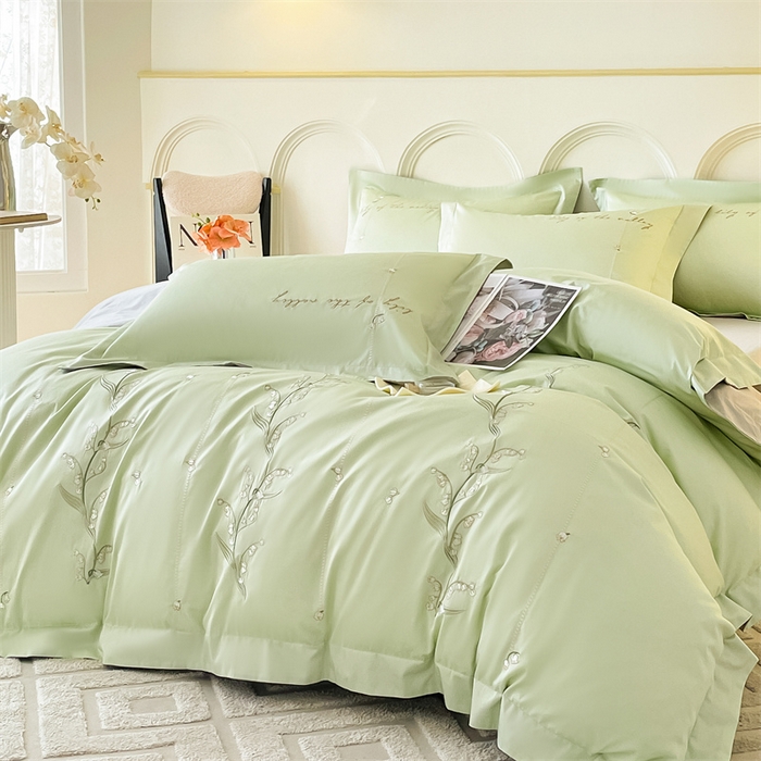 91家纺网 家纺一手货源 找家纺 蓝米卡夫 2024新品-全棉铃兰花语刺绣宽边系列 铃兰花语-抹茶山灰