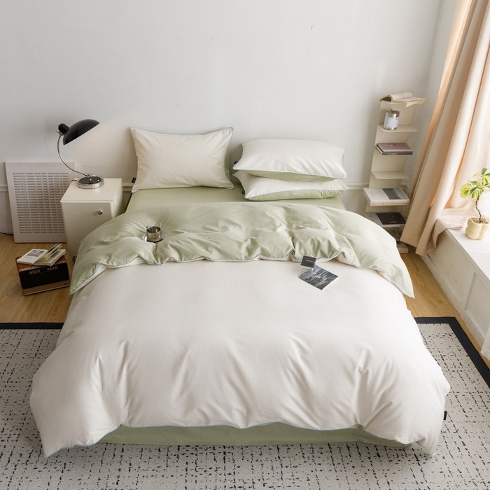 91家纺网 家纺一手货源 找家纺 卡姿家纺 2024春夏纯色双拼嵌绳款四件套—莫琳 莫琳白绿