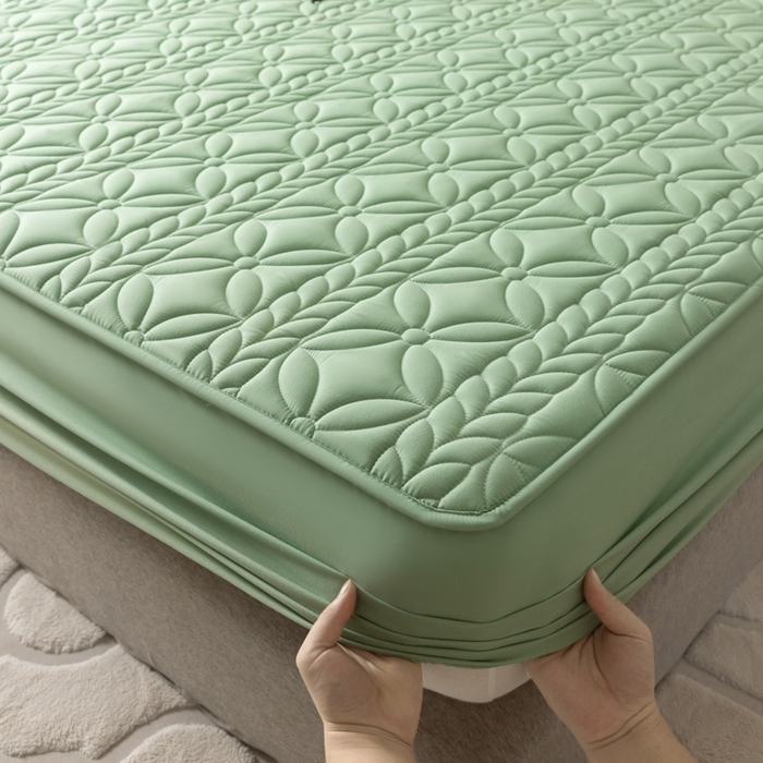 91家纺网 家纺一手货源 找家纺 鑫钰 2024新款A类防水大豆夹棉床笠-麦穗 花穗-时尚绿