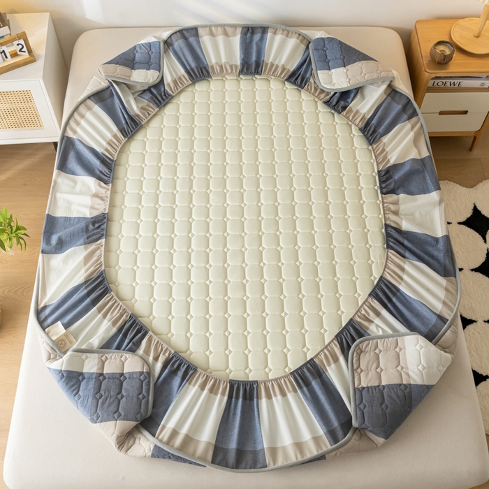 91家纺网 家纺一手货源 找家纺 鑫钰 2024新款无印风水洗棉水洗亲肤大豆夹棉床笠-简格 简格-蓝大格