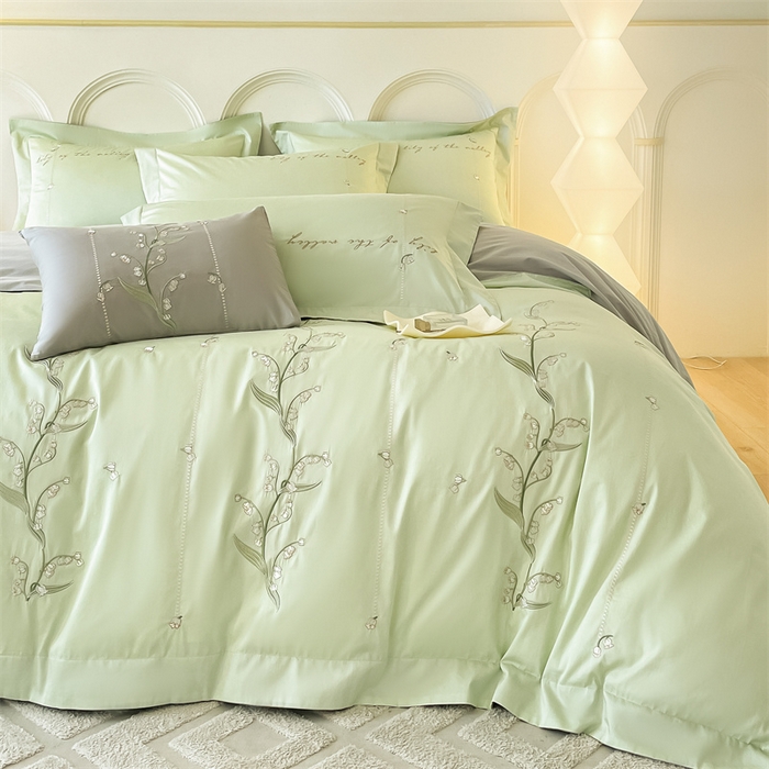 91家纺网 家纺一手货源 找家纺 蓝米卡夫 2024新品-全棉铃兰花语刺绣宽边系列 铃兰花语-抹茶山灰