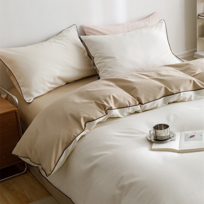 91家纺网 家纺一手货源 找家纺 卡姿家纺 2024春夏纯色双拼嵌绳款四件套—莫琳 莫琳白棕