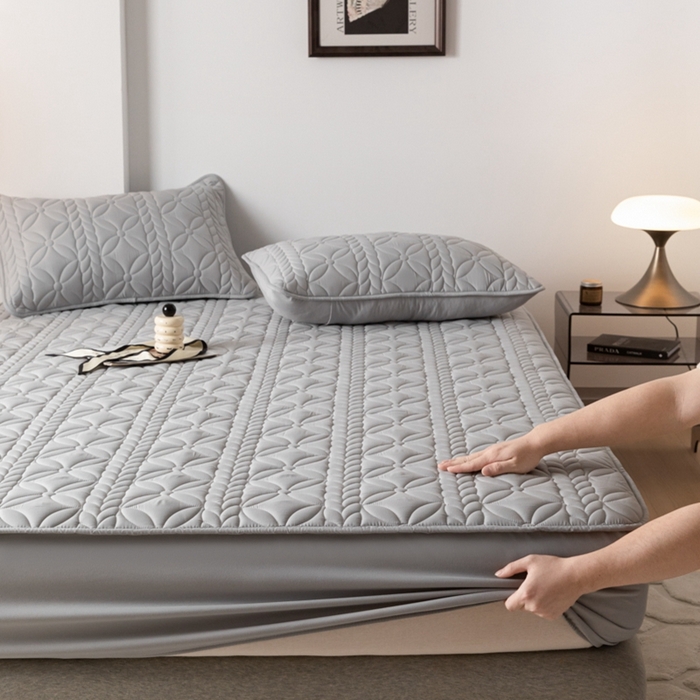 91家纺网 家纺一手货源 找家纺 鑫钰 2024新款A类防水大豆夹棉床笠-麦穗 花穗-低调灰