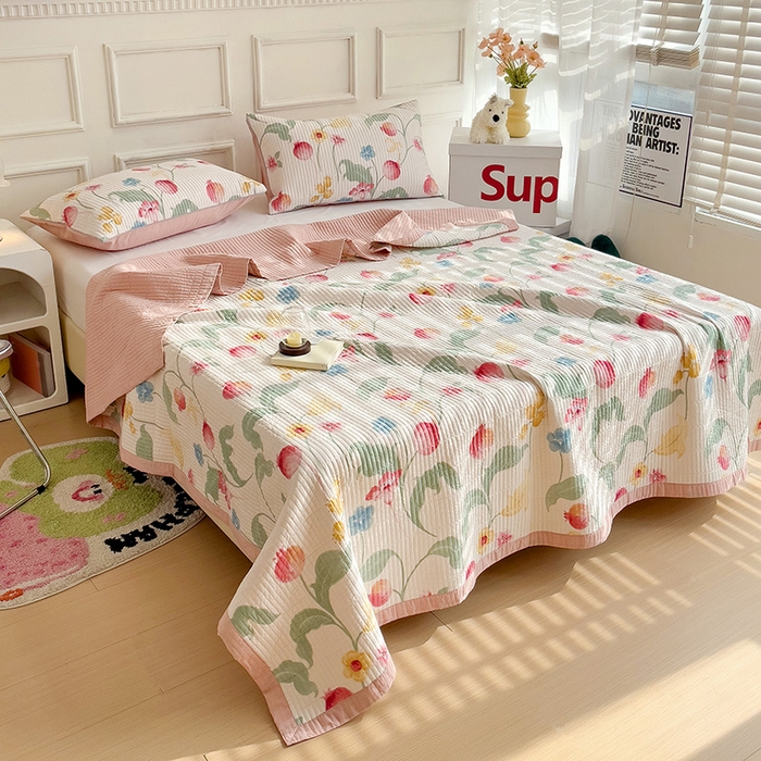 91家纺网 家纺一手货源 找家纺 沐纯家居 2024新款40S13372双面纯棉床盖三件套 时榴