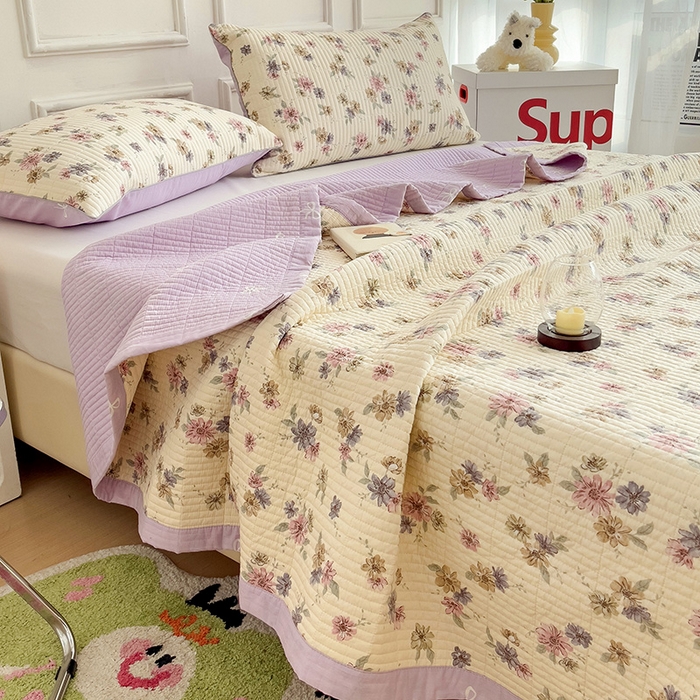 91家纺网 家纺一手货源 找家纺 沐纯家居 2024新款40S13372双面纯棉床盖三件套 暖夏清风