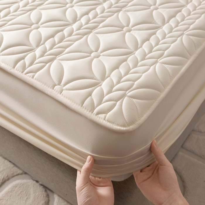 91家纺网 家纺一手货源 找家纺 鑫钰 2024新款A类防水大豆夹棉床笠-麦穗 花穗-月光白