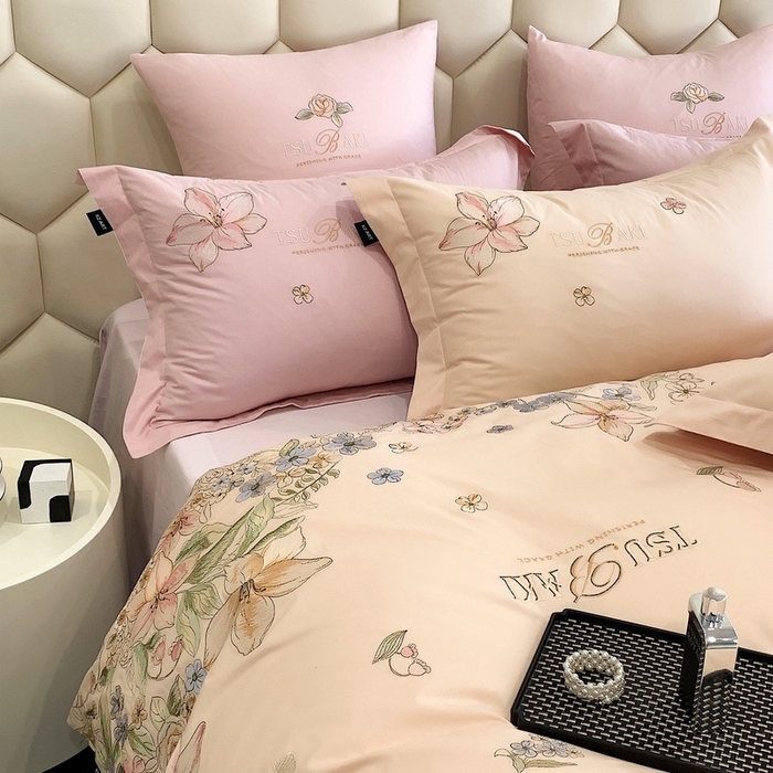 91家纺网 家纺一手货源 找家纺 卡姿家纺 2024春夏优雅刺绣四件套— 摩尔花园1 摩尔花园米杏