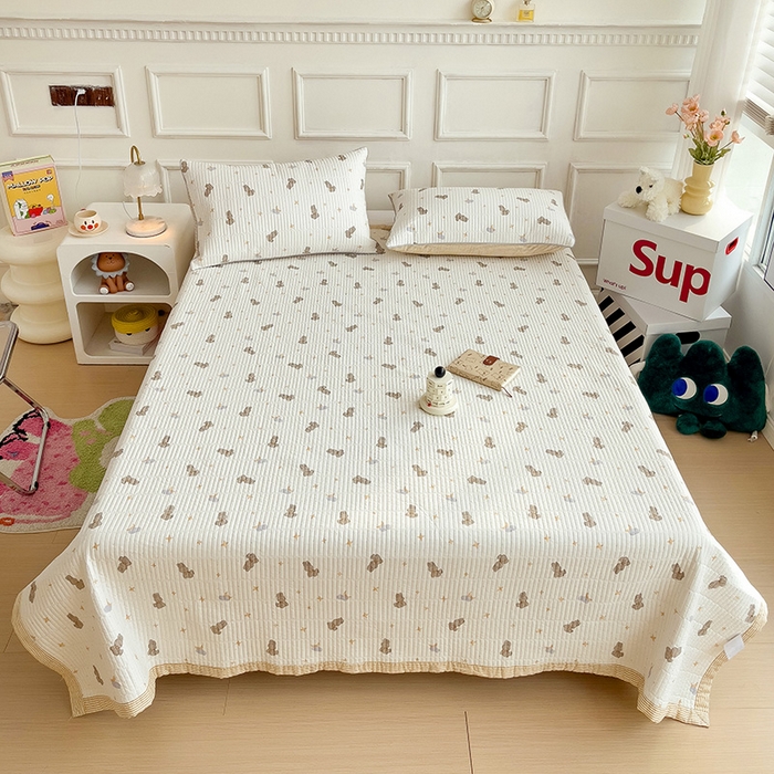 91家纺网 家纺一手货源 找家纺 沐纯家居 2024新款40S13372双面纯棉床盖三件套 月亮兔