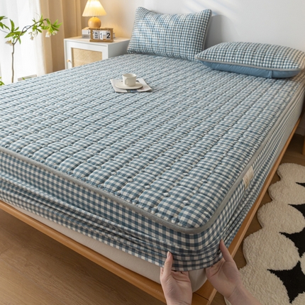 鑫钰 2024新款无印风水洗棉水洗亲肤大豆夹棉床笠-简格 简格-蓝小格