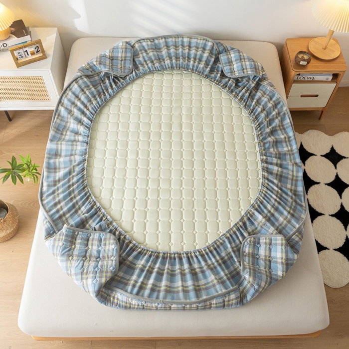 91家纺网 家纺一手货源 找家纺 鑫钰 2024新款无印风水洗棉水洗亲肤大豆夹棉床笠-简格 简格-简希蓝