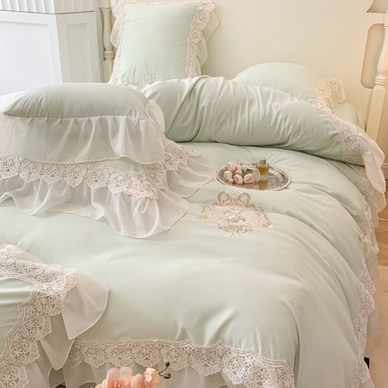 91家纺网 家纺一手货源 找家纺 吾欢心 2025新款莫奈庄园高端蕾丝刺绣四件套 莫奈庄园清新绿