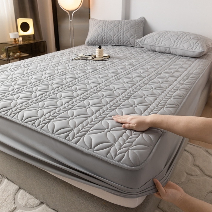 91家纺网 家纺一手货源 找家纺 鑫钰 2024新款A类防水大豆夹棉床笠-麦穗 花穗-低调灰