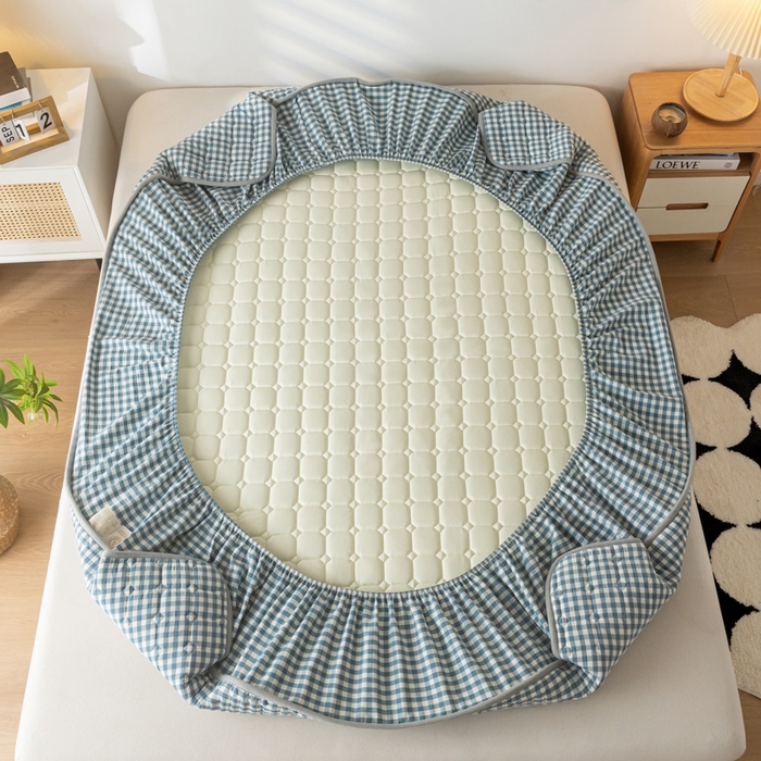 91家纺网 家纺一手货源 找家纺 鑫钰 2024新款无印风水洗棉水洗亲肤大豆夹棉床笠-简格 简格-蓝小格